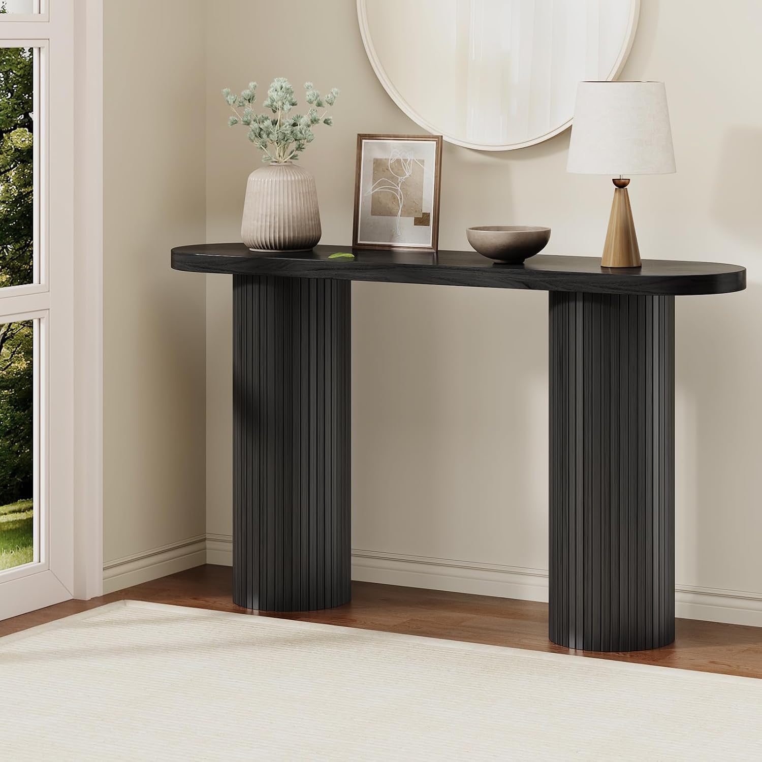 55 Inch Entryway Console Table, Fluted Sofa Table Behind The Couch, Mid-Century Modern Foyer Curved Table, Narrow Long Hallway Tables, Wooden Accent Home Decor Furniture for Living Room, Black