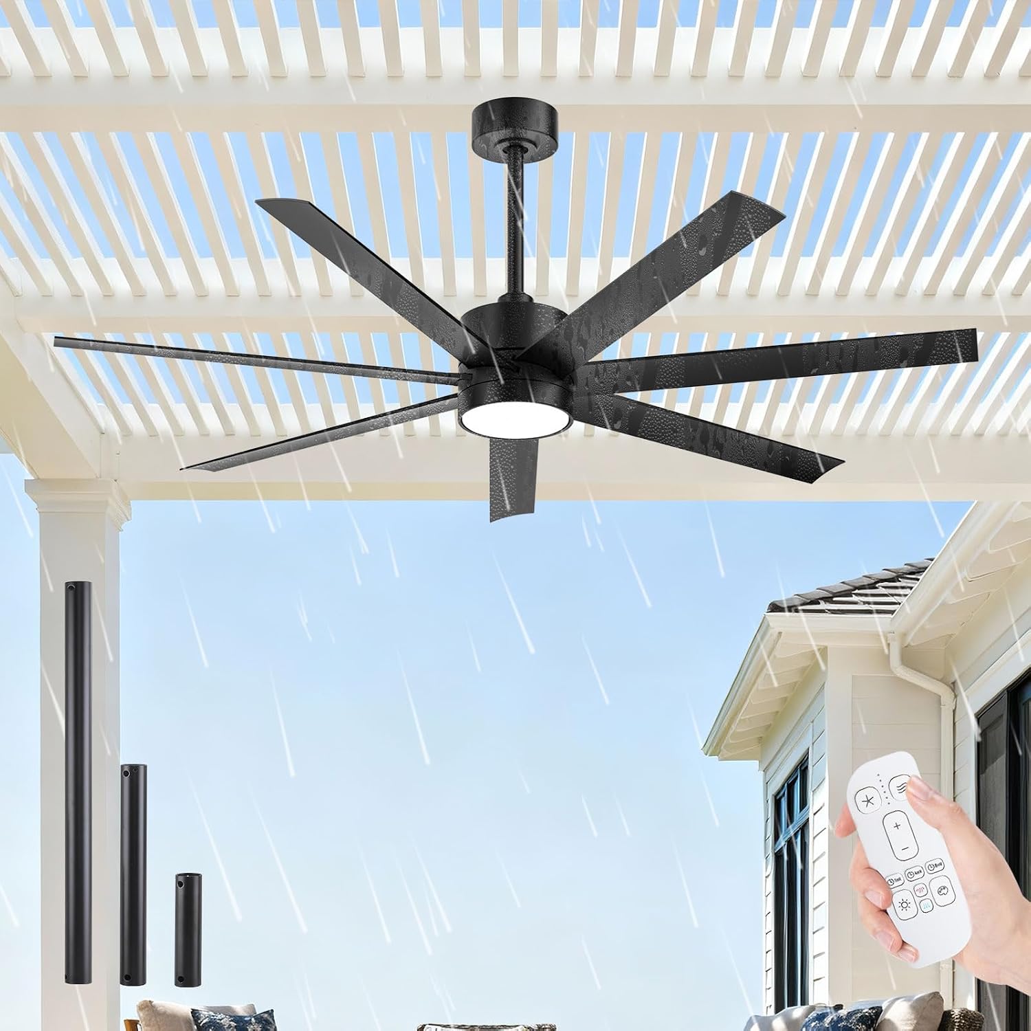 56 Inch Waterproof Wet Rated Outdoor Ceiling Fan with Light and Remote, 7 All-Weather Black Blades with UV Coating, High CFM Quiet DC Motor, for Commercial Patios, Exterior Porches & Gazebos