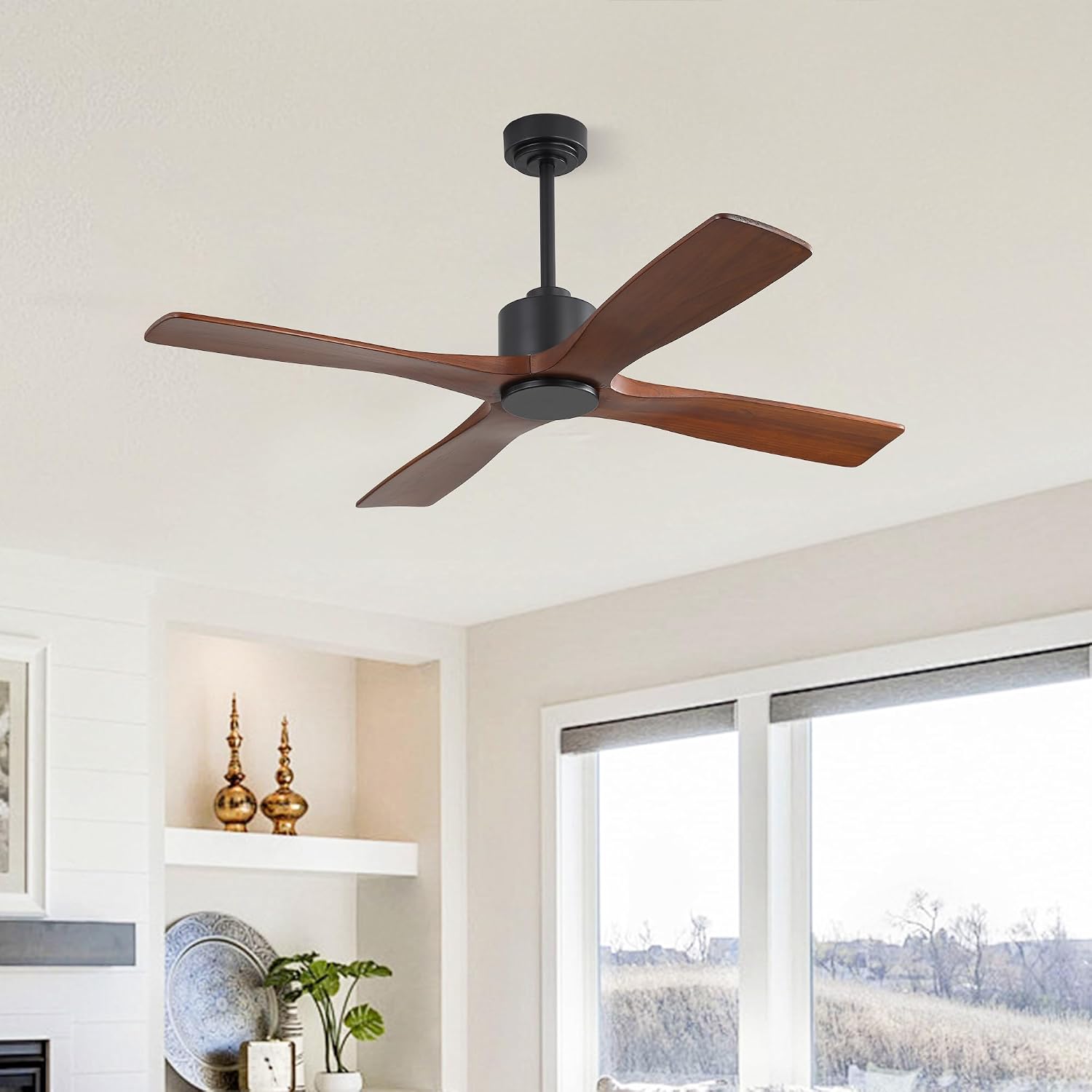 WINGBO 48 Inch DC Ceiling Fan without Lights, 4 Carved Solid Wood Blades, 6-Speed Noiseless Reversible DC Motor, Modern Ceiling Fan No Light with Remote, Black Finish with Walnut Blades, ETL Listed