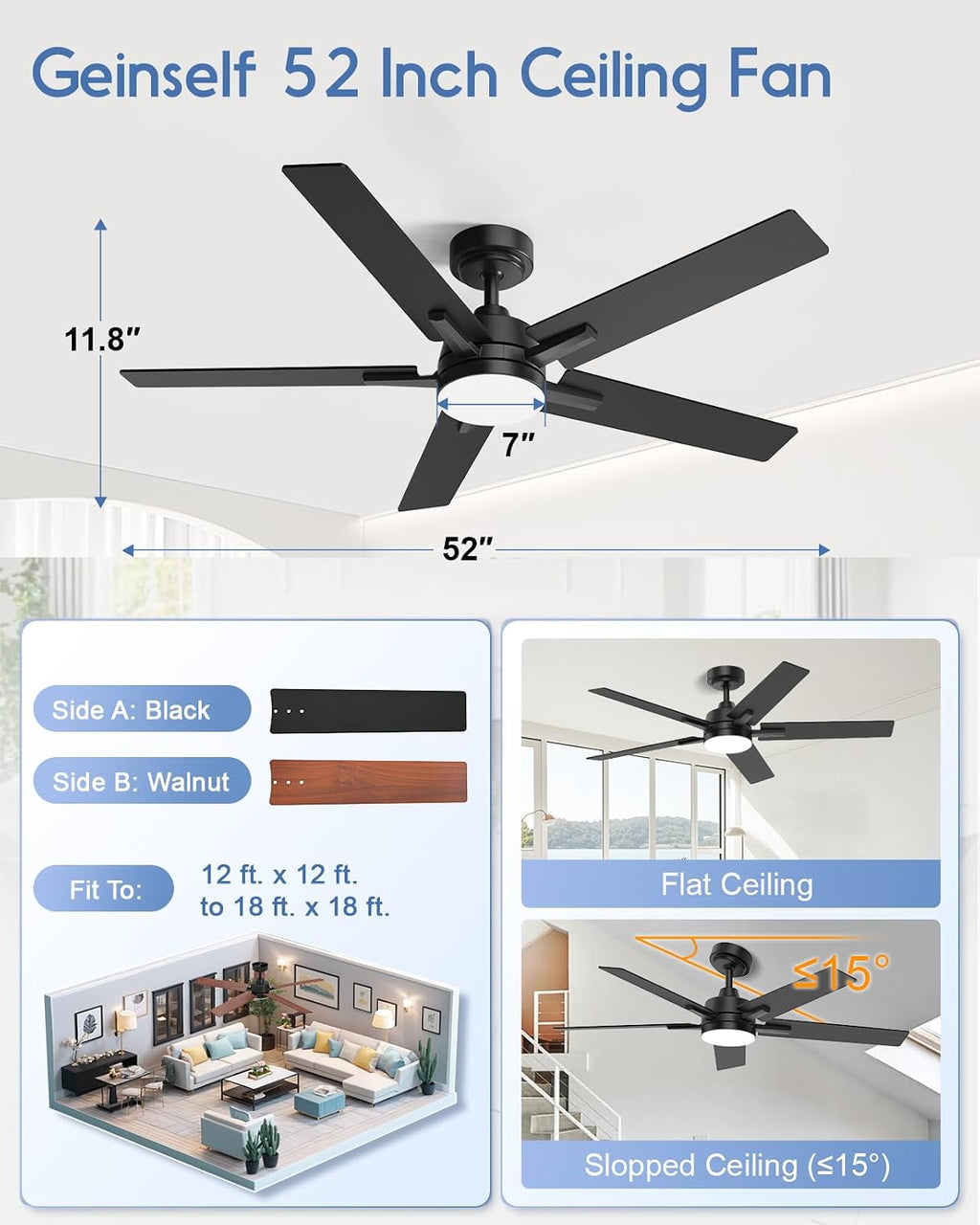 52 Inch Ceiling Fan with Light, Black Smart Ceiling Fan with 5 Two-Sided Blades, LED Fan with Remote and Compatible with Alexa, High CFM Ultra Quiet Large Fan for Bedroom, Living Room