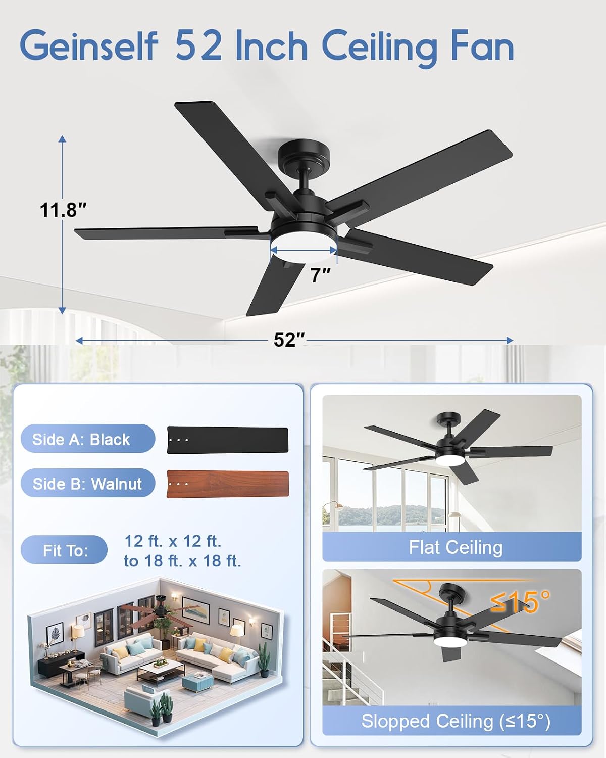 52 Inch Ceiling Fan with Light, Black Smart Ceiling Fan with 5 Two-Sided Blades, LED Fan with Remote and Compatible with Alexa, High CFM Ultra Quiet Large Fan for Bedroom, Living Room