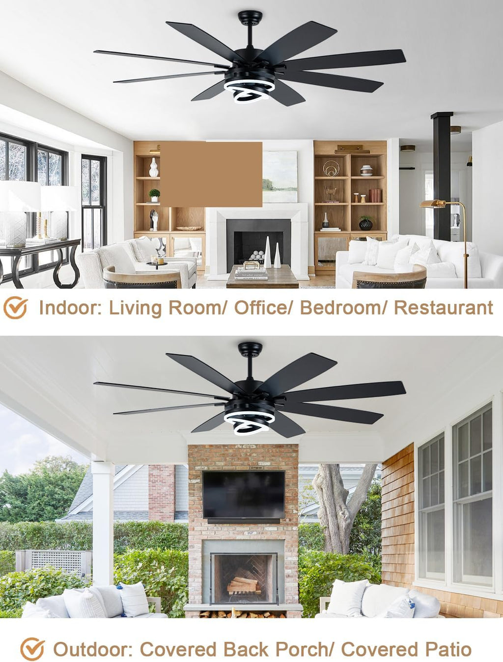 72 Inch Black Ceiling Fan with Lights and Remote Modern Fandelier Ceiling Fan Large Chandelier LED Light, Reversible Quiet DC Motor 3CCT Dimmable 6 Speed for Living Room Indoor Outdoor