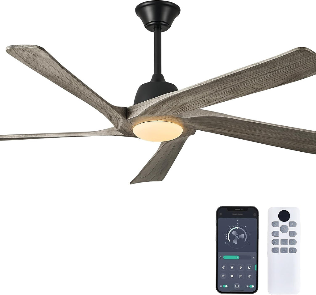 60' Solid Wood Ceiling Fan with Lights, Remote and APP Control, 3-color Dimmable LED, 6-speed Reversible, Modern Ceiling Fans for Bedroom, Living Room, Outdoor/Indoor, Greywood