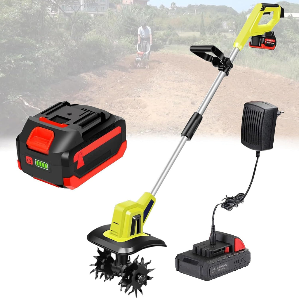 Garden Tiller Electric Rotavator Cordless Soil Cultivator 2×4000mah Battery and Charger, Tilling Width 25cm, Working Depth 22cm, for Gardens, Vegetable Patches
