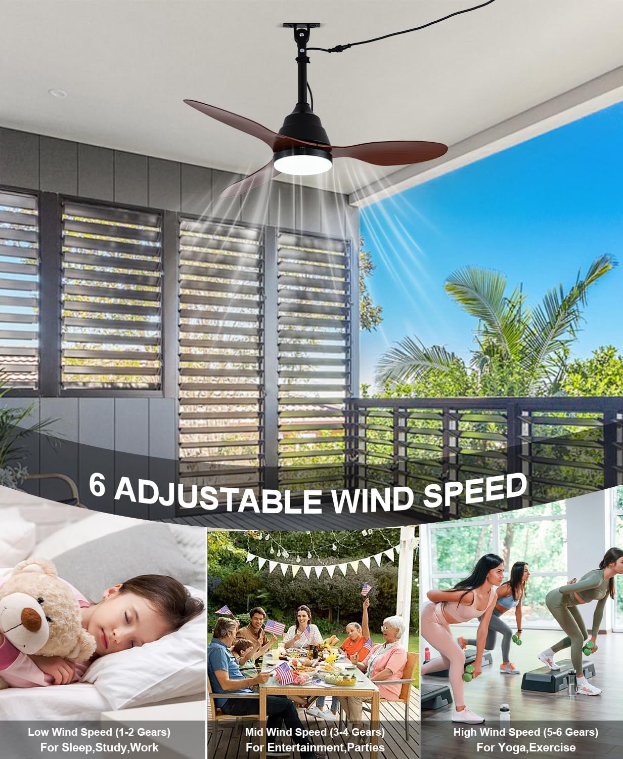 42' Outdoor Ceiling Fan with Light and Remote Control,Quiet DC Motor,3CCT 6-Speed,Plug-in Cord Hook Installation,IP65 Waterproof Gazebo Ceiling Fan with Light for Patios, Pergola, Canopy