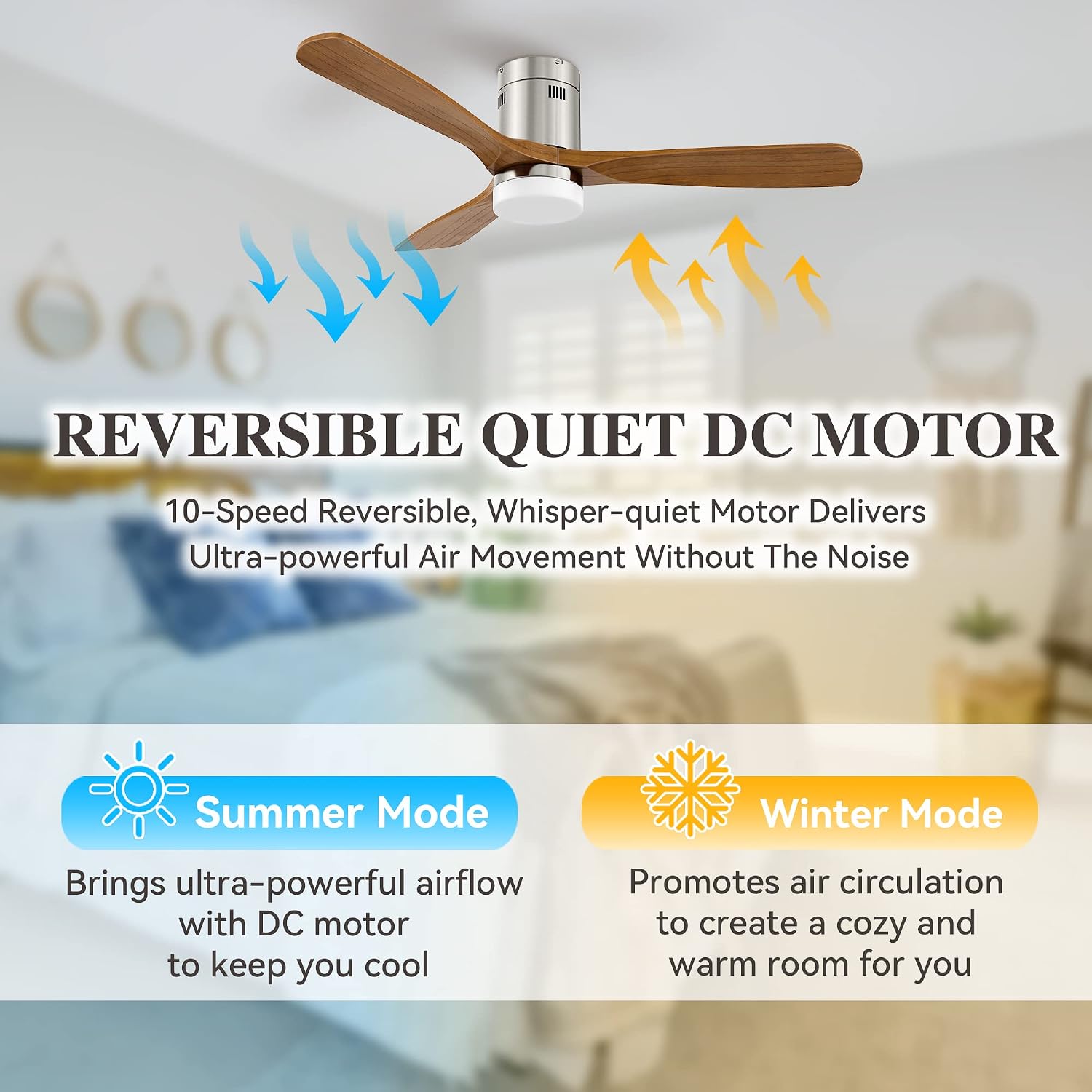 Smart Flush Mount Ceiling Fan with Lights Brush Nickel ,52 Inch WIFI Low Profile Ceiling Fans Remote Control,3 Solid Wood Blade Reversible Fan,Timer & Schedule,Works with Alexa, Google, Siri Shortcut