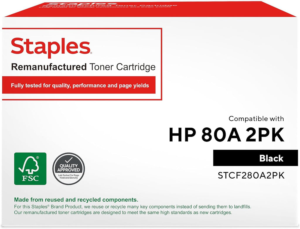 STAPLES Remanufactured 80A Toner Cartridges Black Standard Yield Replacement for HP 80A (2-Pack)