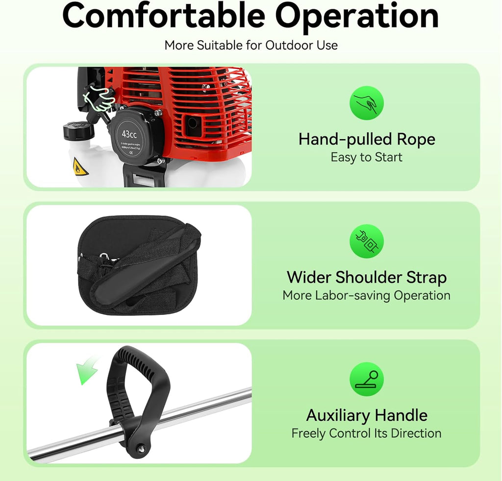 43CC Weed Wacker, 8500r/Min Weed Eater with 2 Blade Heads, Gasoline Power Brush Cutter, Lawn Edger, Single-Cylinder Air-Cooled 2-Stroke Gasoline Engine Grass Trimmer Tools for The Garden and Yard