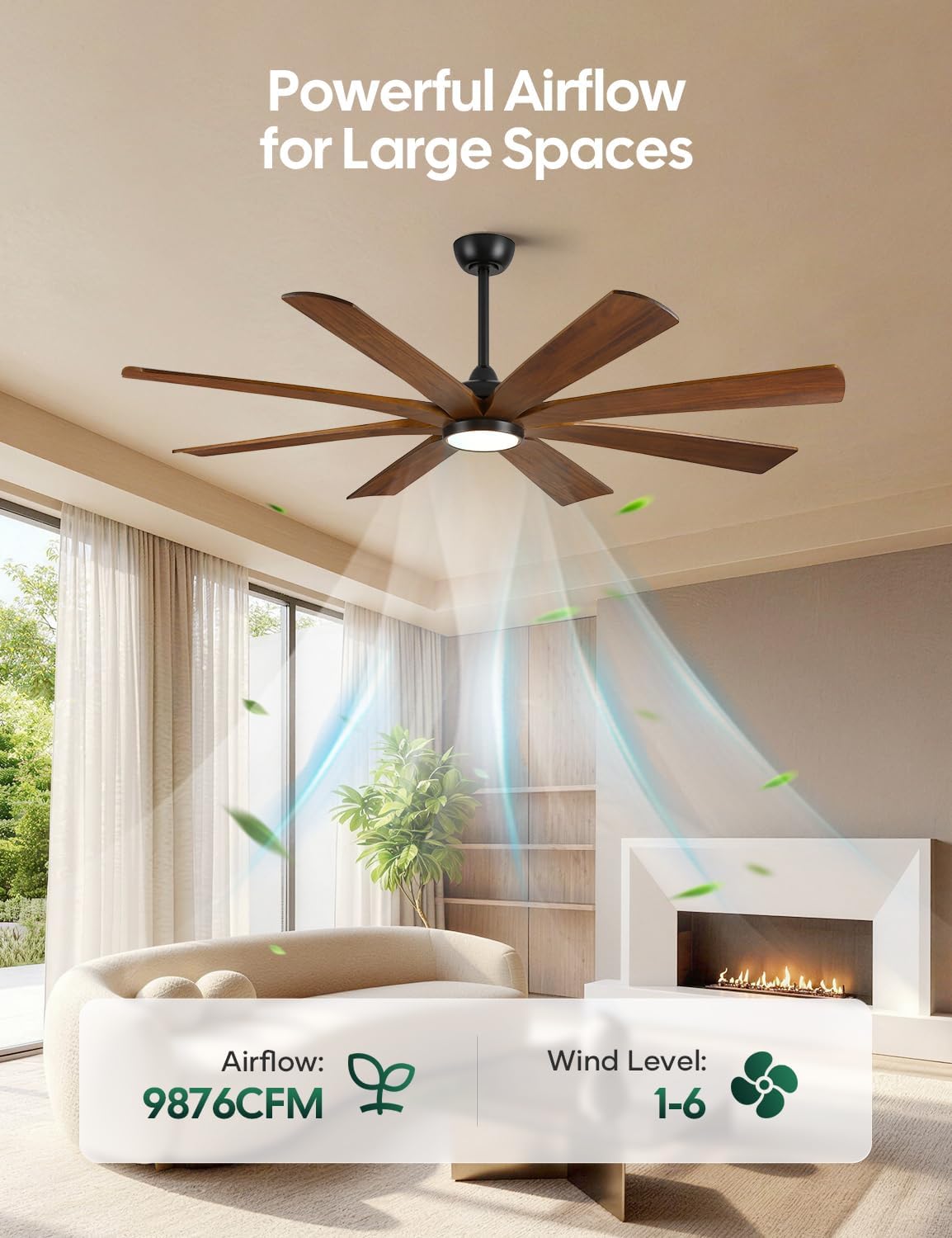 65 Inch Smart Outdoor Ceiling Fan with Lights, Alexa/App/Remote Control, 8 Solid Wood Walnut Blades Damp Rated, High 9876 CFM Quiet DC Motor, Farmhouse Style for Large Room Exterior Gazebo Patio