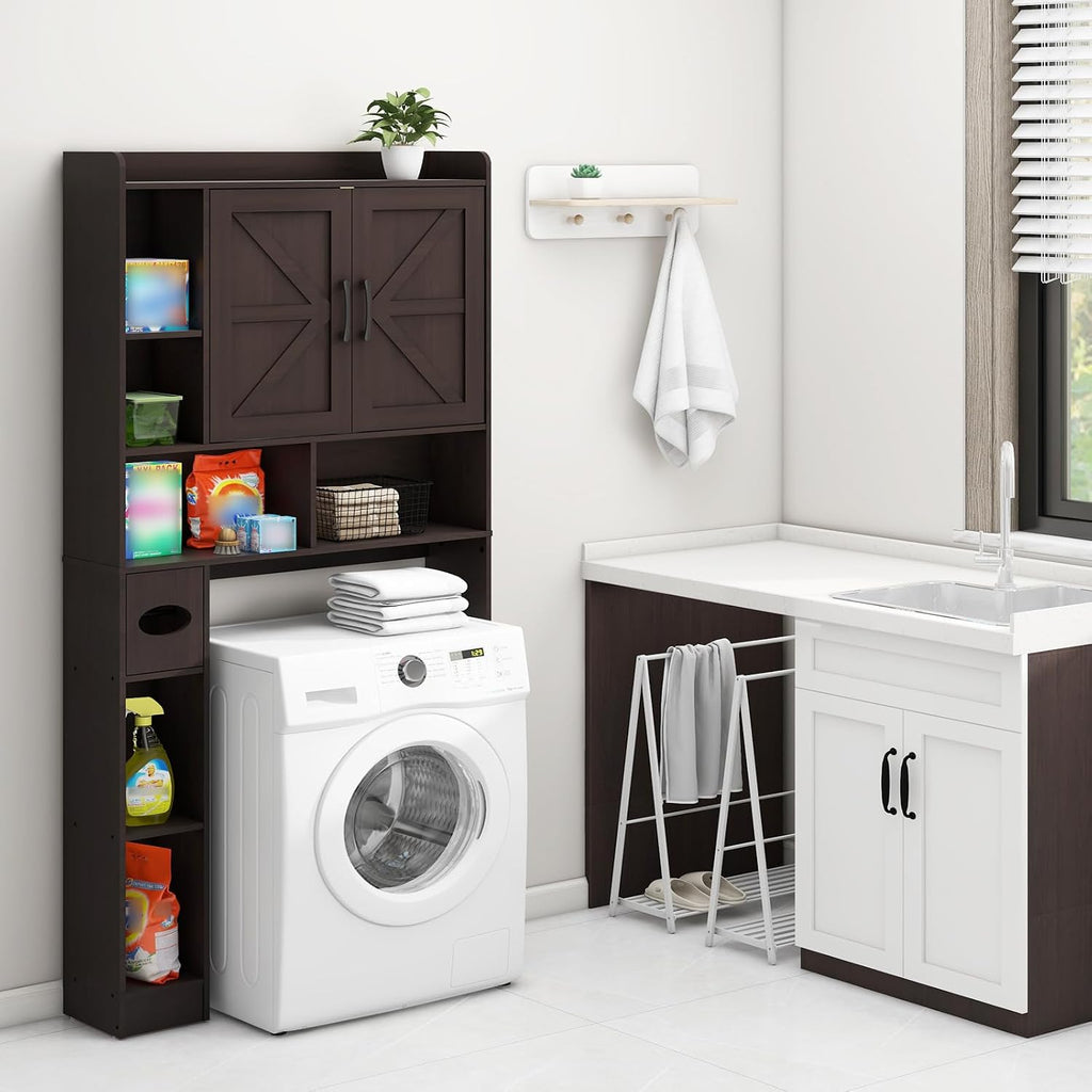 Vabches Over The Toilet Storage Cabinet, Farmhouse Storage Cabinet Over Toilet with 2 Barn Door & Toilet Paper Holder Stand，Home Space-Saving Toilet Rack, for Bathroom, Restroom, Laundry