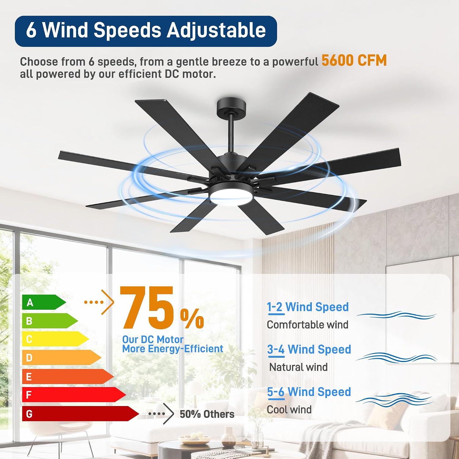 62 Inch Ceiling Fans with Lights and Remote Control, Low Profile & Downrod Mount 8-Blade Modern Black Ceiling Fan, 3CCT Dimmable LED Light, Quiet DC Motor for Bedroom Living Room, ETL Listed