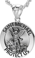 US Jewels Men's 925 Sterling silver 33mm Saint Michael Medal Antique Finish Round Pendant Necklace, 22in to 26in