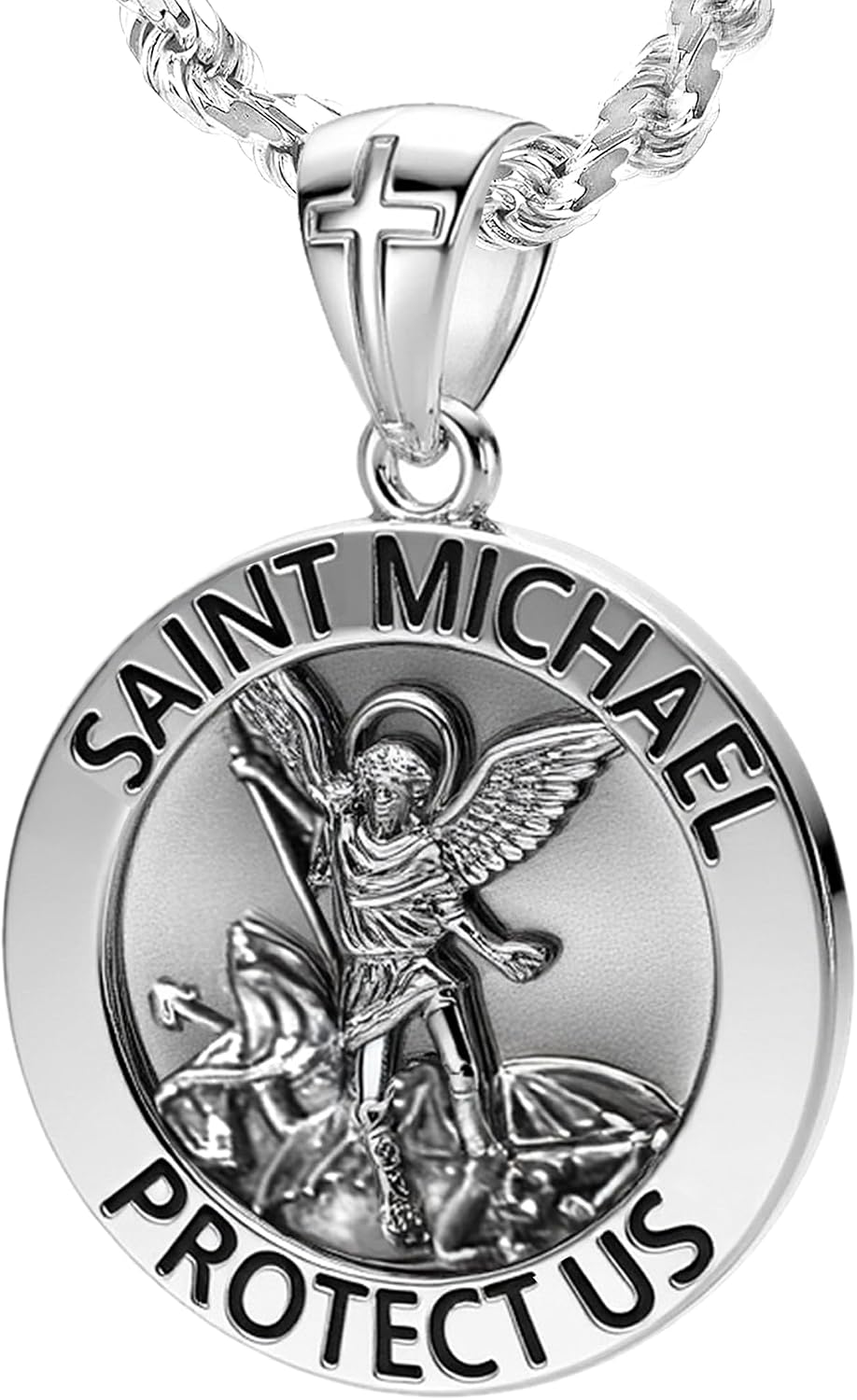 US Jewels Men's 925 Sterling silver 33mm Saint Michael Medal Antique Finish Round Pendant Necklace, 22in to 26in