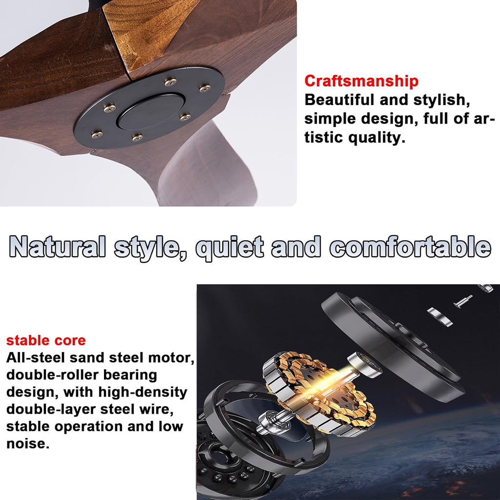 Ceiling Fan with Remote, Log Home Fan Retro Lamp Lighting, Modern Outdoor Matte Black Ceiling Fans for Patios, No Light Included