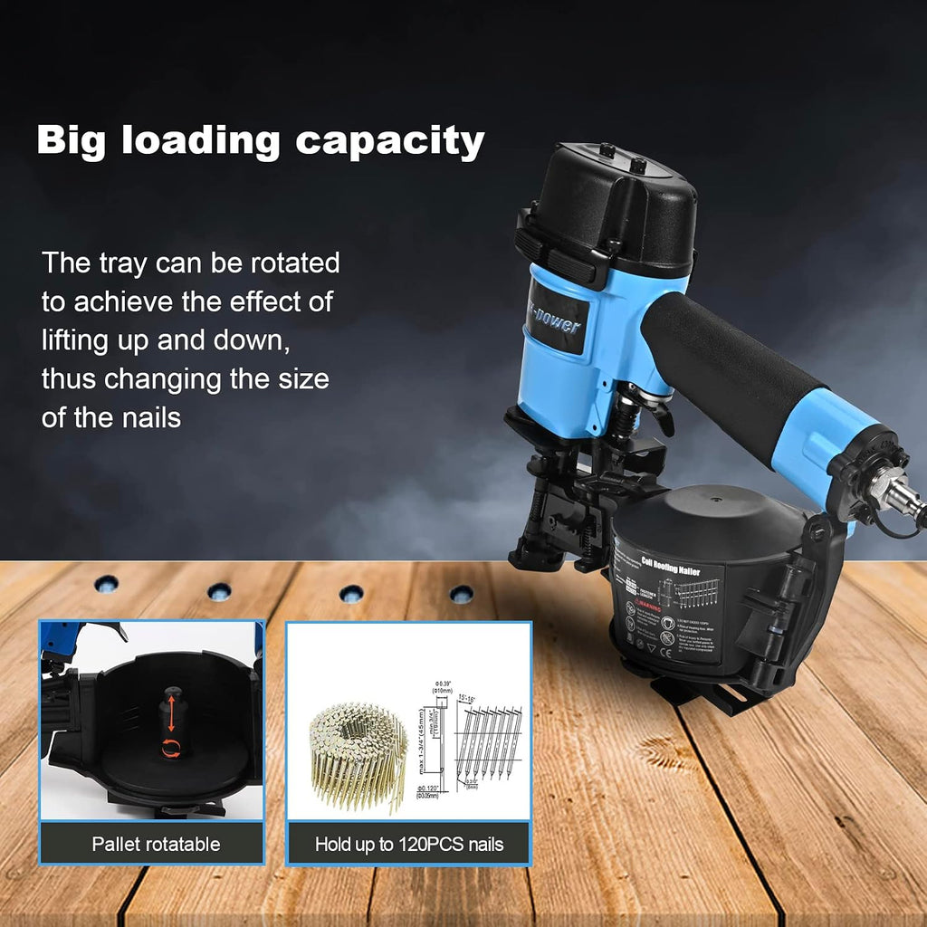 Roofing Nail Gun, 15 Degree CN45N Roofing Nailer 3/4-Inch to 1-3/4-Inch Coil Nails, 120-pcs Load Capacity Coil Nailer