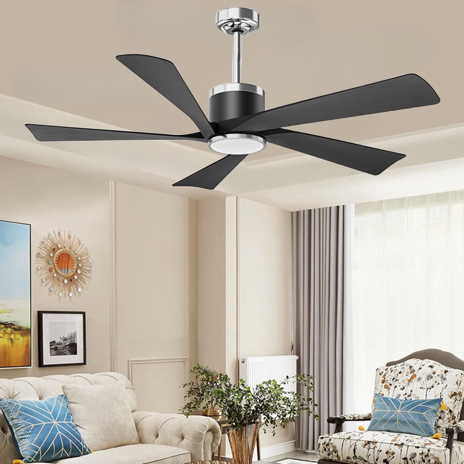 TXCSLY 52'' Ceiling Fans with Lights, Modern Ceiling Fan with Remote Control, Indoor Outdoor Ceiling Fan for Living Room,Bedroom 5 Blade 3 Color Tempearture (Black)