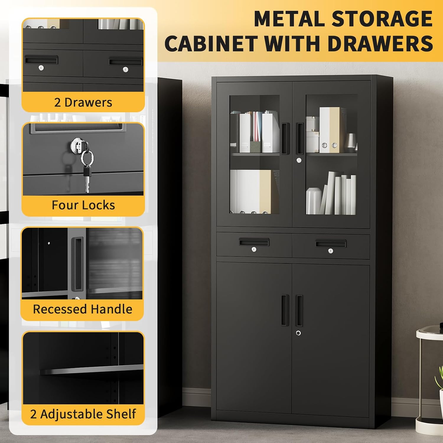 File Cabinet 2-Drawer Lateral with Lock, Metal Office Filing Cabinet for Letter/Legal/a4, Heavy Duty Storage Organizer, Full Extension Drawers, Anti-Tip Safety, Black, Home Office Organization