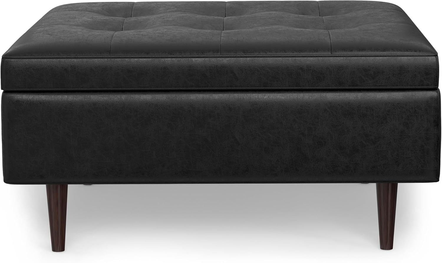 SIMPLIHOME Shay 38 inch Wide Mid Century Modern Large Square Coffee Table Storage Ottoman in Distressed Black Vegan Faux Leather, Assembled, for the Living Room and Entryway