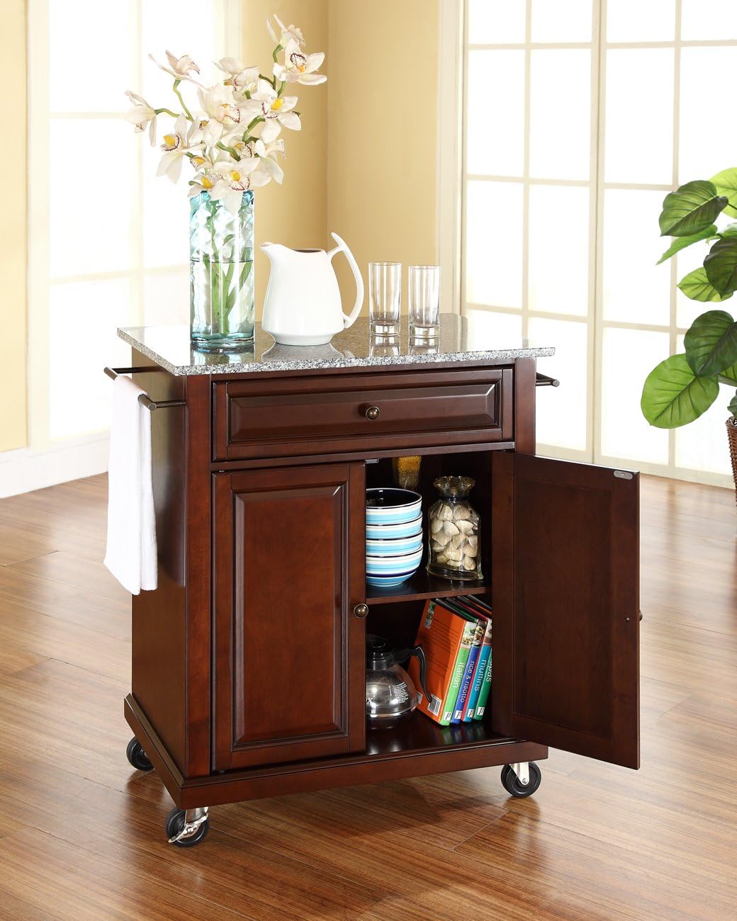 Crosley Furniture Compact Granite Top Small Rolling Cart with Shelves, Microwave Stand with Towel Rack, Mahogany