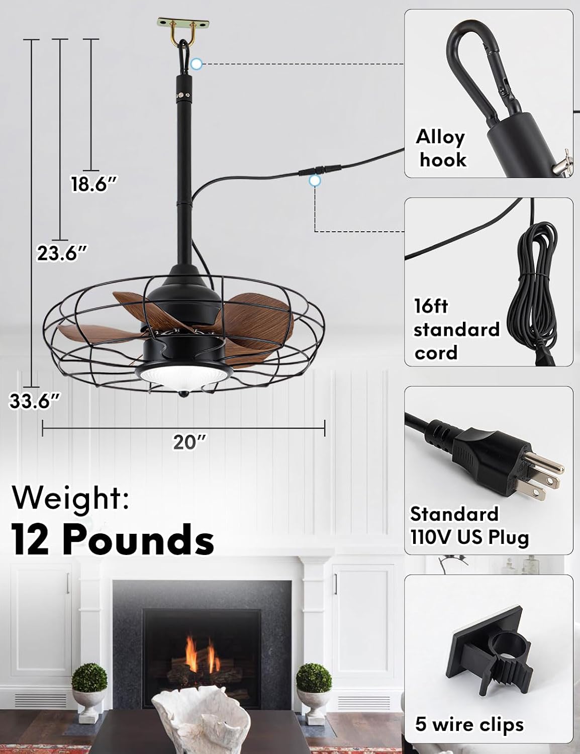 EKIZNSN 20' Outdoor Gazebo Ceiling Fans for Patios Waterproof, Wet Rated Plug in Ceiling Fan with Light, Hook Installation