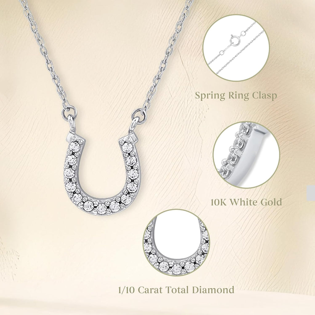 GILDED 10K White Gold Horseshoe Necklace with Natural Round-Cut Diamonds and 17' White Gold Rope Chain, 14K Yellow Gold Plated on Sterling Silver Horseshoe Necklace and 17' Cable Chain, 1/10 Carat Total Weight Diamonds & Elegant Gift Box Included