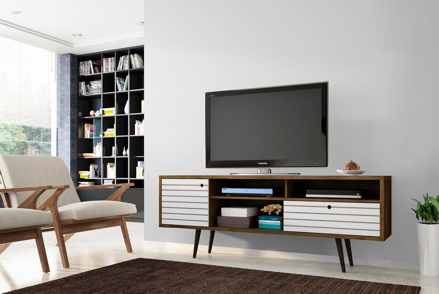 Manhattan Comfort Liberty Mid Century Modern TV Stand for Televisions up to 65 Inches, Bedroom and Living Room Entertainment Center with Storage, Shelves, and Cabinet, 71' Wide, Rustic Brown/White