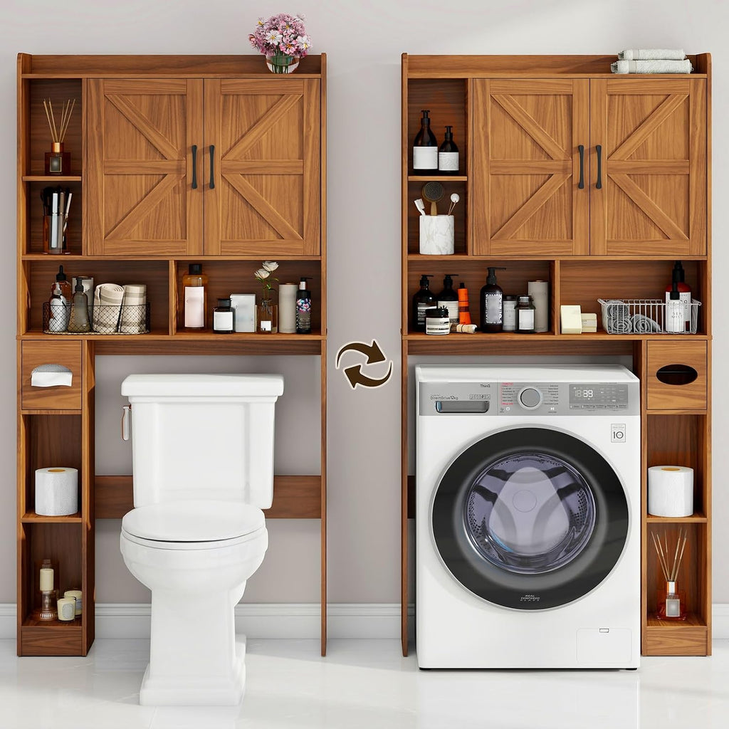 Vabches Over The Toilet Storage Cabinet, Farmhouse Storage Cabinet Over Toilet with 2 Barn Door & Toilet Paper Holder Stand，Home Space-Saving Toilet Rack, for Bathroom, Restroom, Laundry.Caramel
