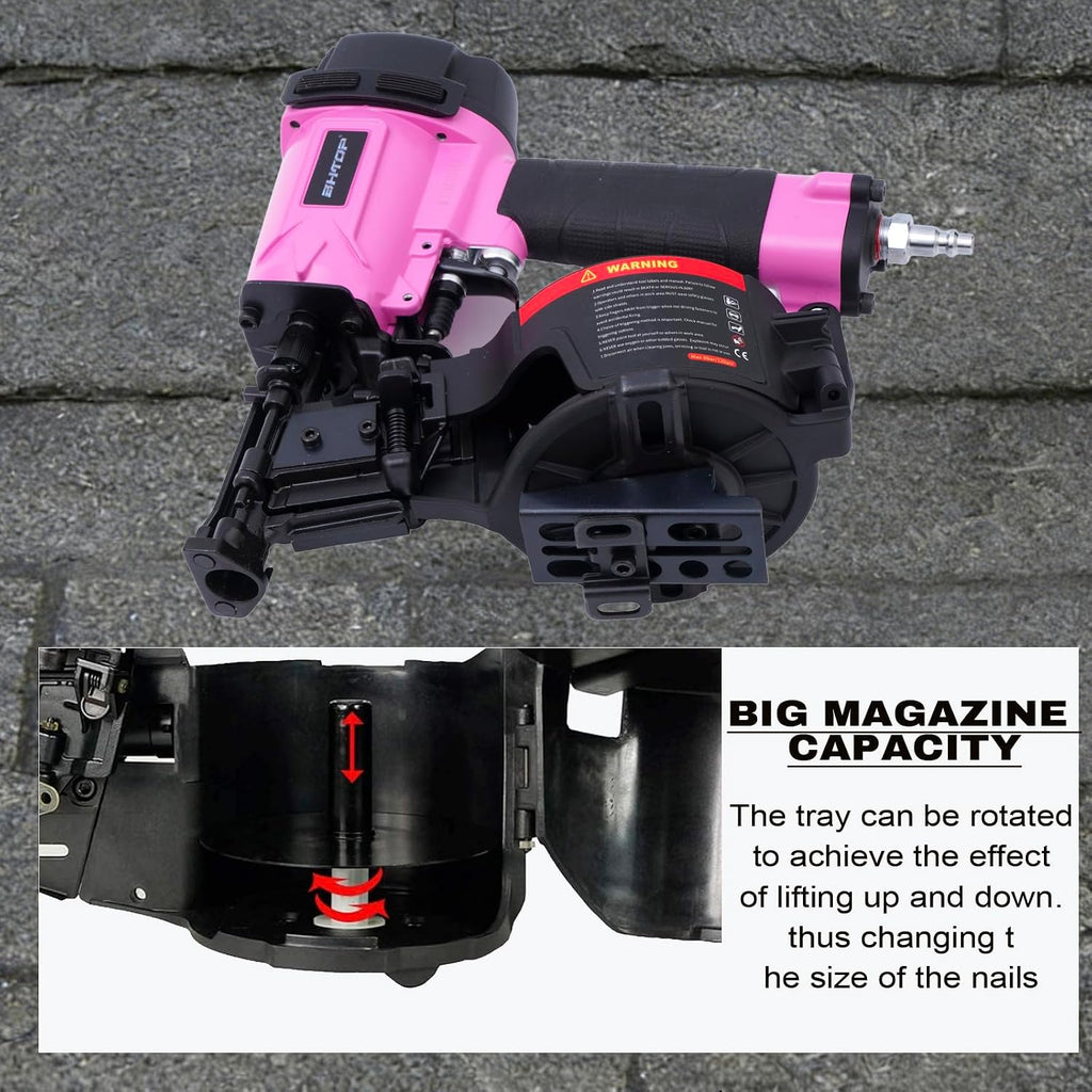 CN45N Roofing Nailer, 15 Degree Roofing Nail Gun, 3/4-Inch to 1-3/4-Inch Coil Nails, 120-pcs Load Capacity Coil Nailer in Pink