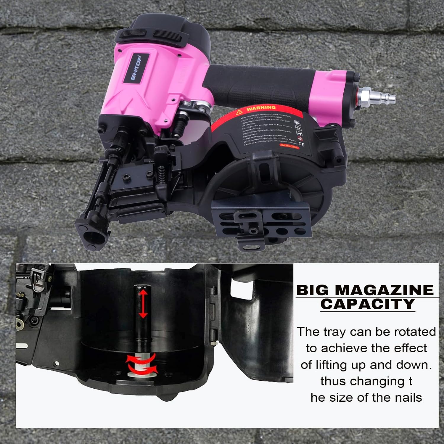 CN45N Roofing Nailer, 15 Degree Roofing Nail Gun, 3/4-Inch to 1-3/4-Inch Coil Nails, 120-pcs Load Capacity Coil Nailer in Pink