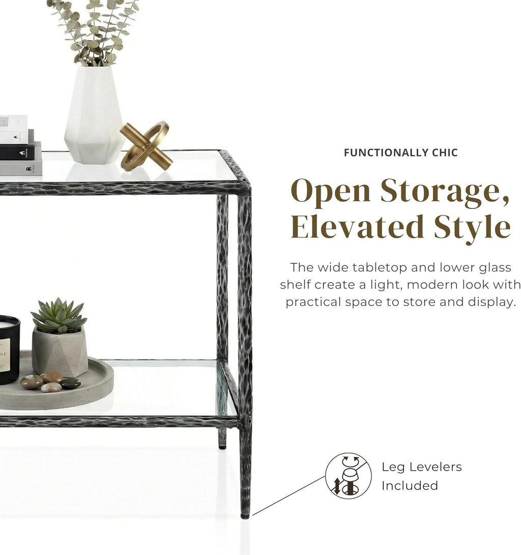 24/7 Shop at Home Lalia Hammered Metal 2-Piece Bedroom Collection, Upholstered Bed Frame with Beige Fabric Headboard, Forged Steel and 1-Shelf Nightstand, Foundation Required, Queen, Matte Grey