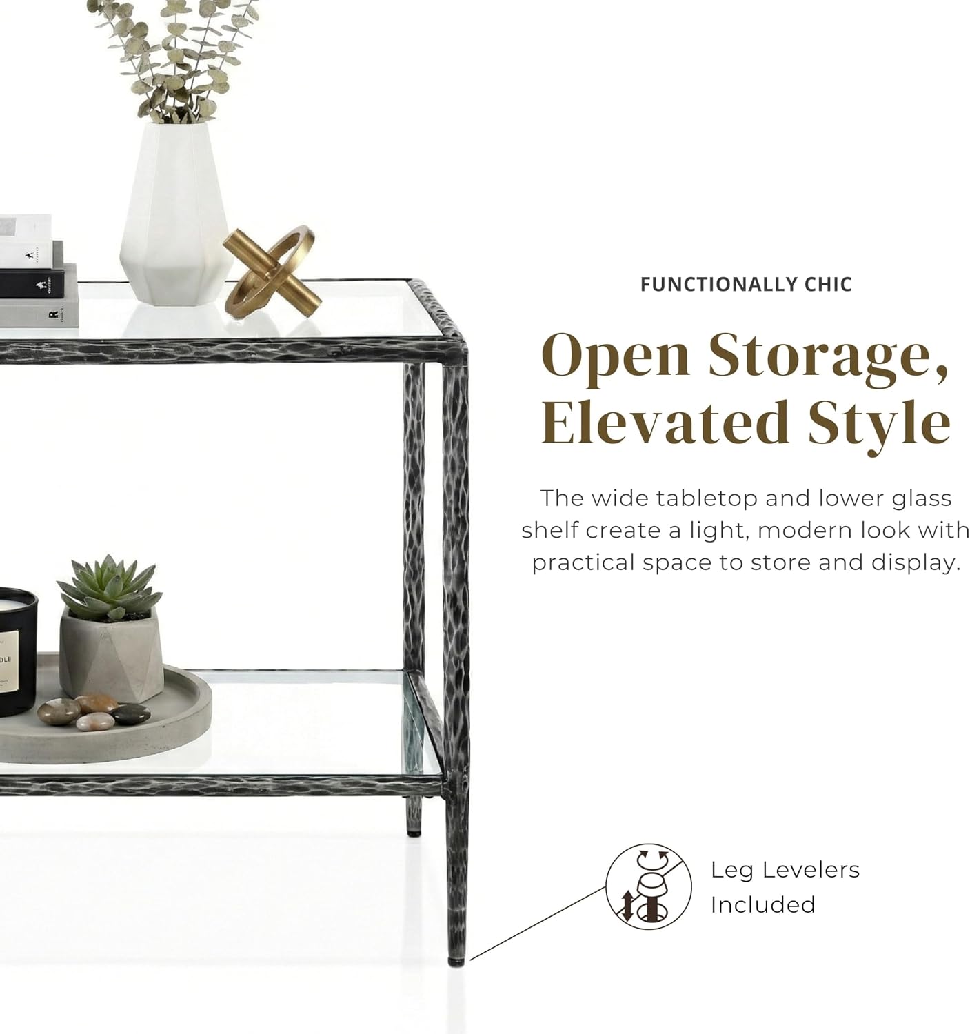 24/7 Shop at Home Lalia Hammered Metal 2-Piece Bedroom Collection, Upholstered Bed Frame with Beige Fabric Headboard, Forged Steel and 1-Shelf Nightstand, Foundation Required, Queen, Matte Grey