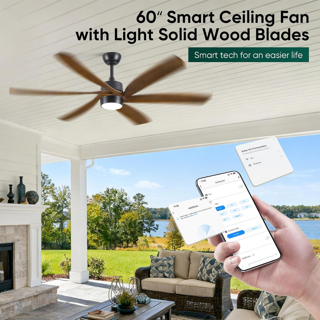 60 Inch Outdoor Smart Ceiling Fan with Light, Alexa/App/Remote Control, Modern Farmhouse Style, High CFM Quiet DC Motor, 6 Solid Wood Blades Damp Rated, for Indoor Living Room Exterior Patio