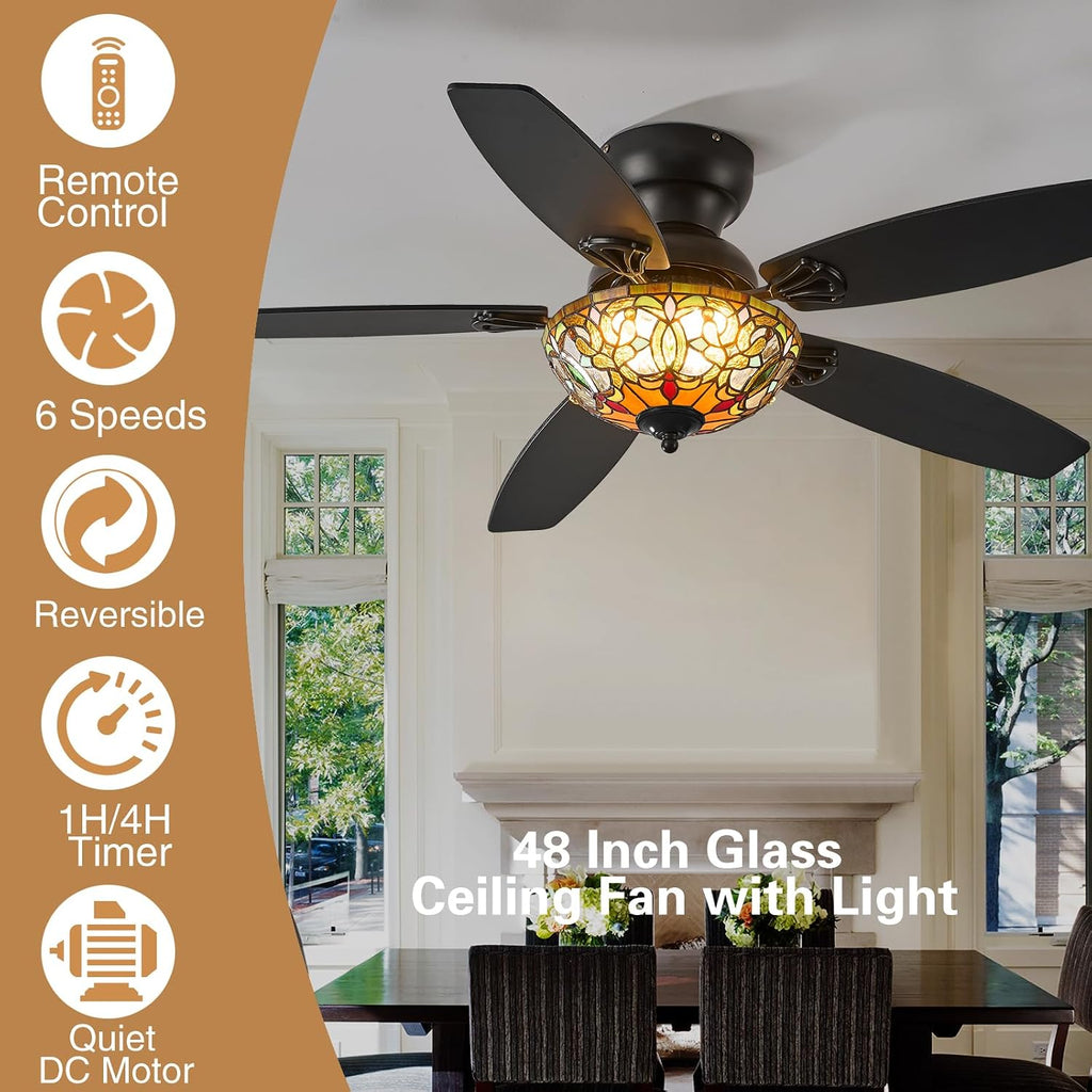Tiffany Ceiling Fans with Lights - 48' Ceiling Fan Chandelier with 5 Dual-Blades and Glass Shade, 6 Speeds and Reversible, Indoor and Outdoor, Retro Style