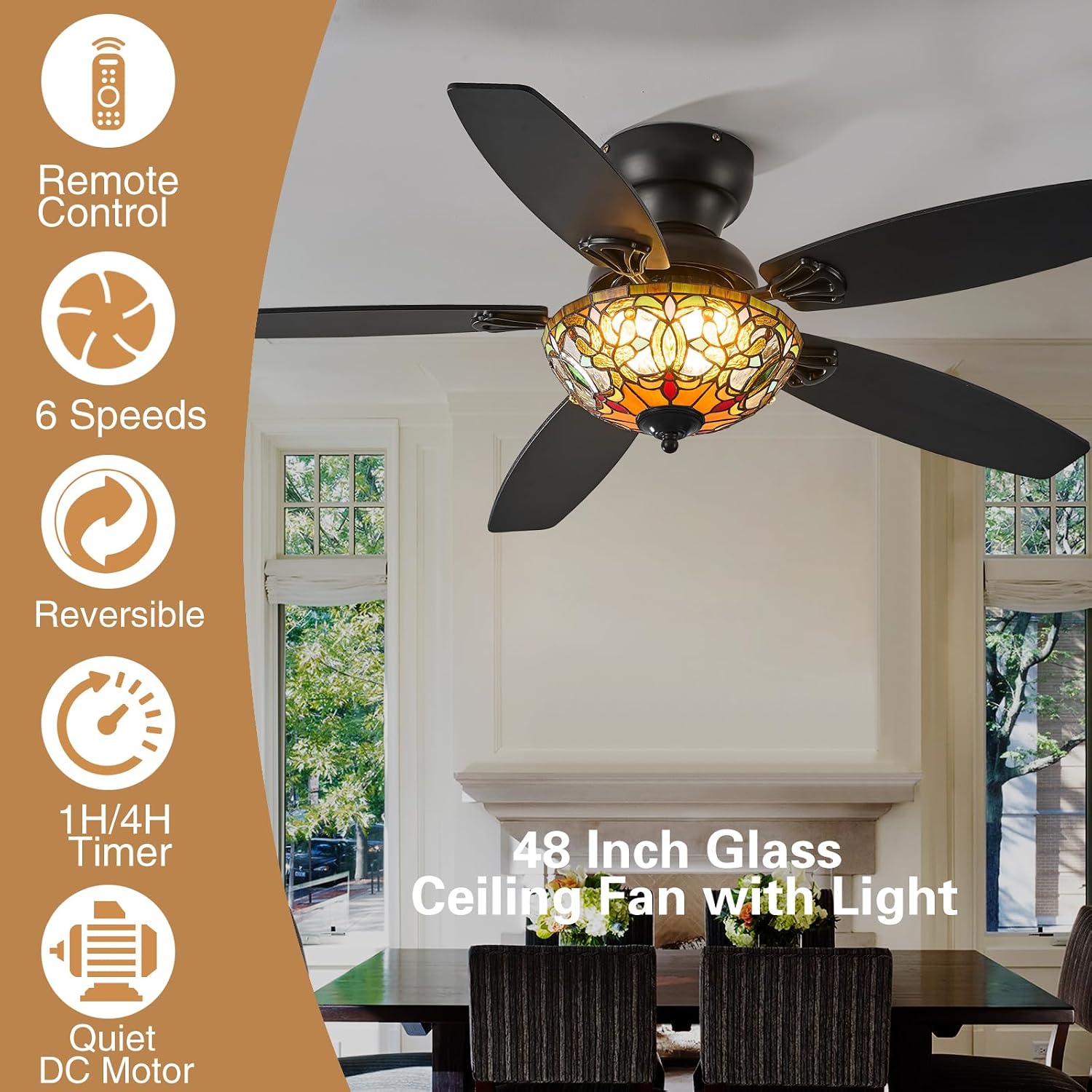 Tiffany Ceiling Fans with Lights - 48' Ceiling Fan Chandelier with 5 Dual-Blades and Glass Shade, 6 Speeds and Reversible, Indoor and Outdoor, Retro Style