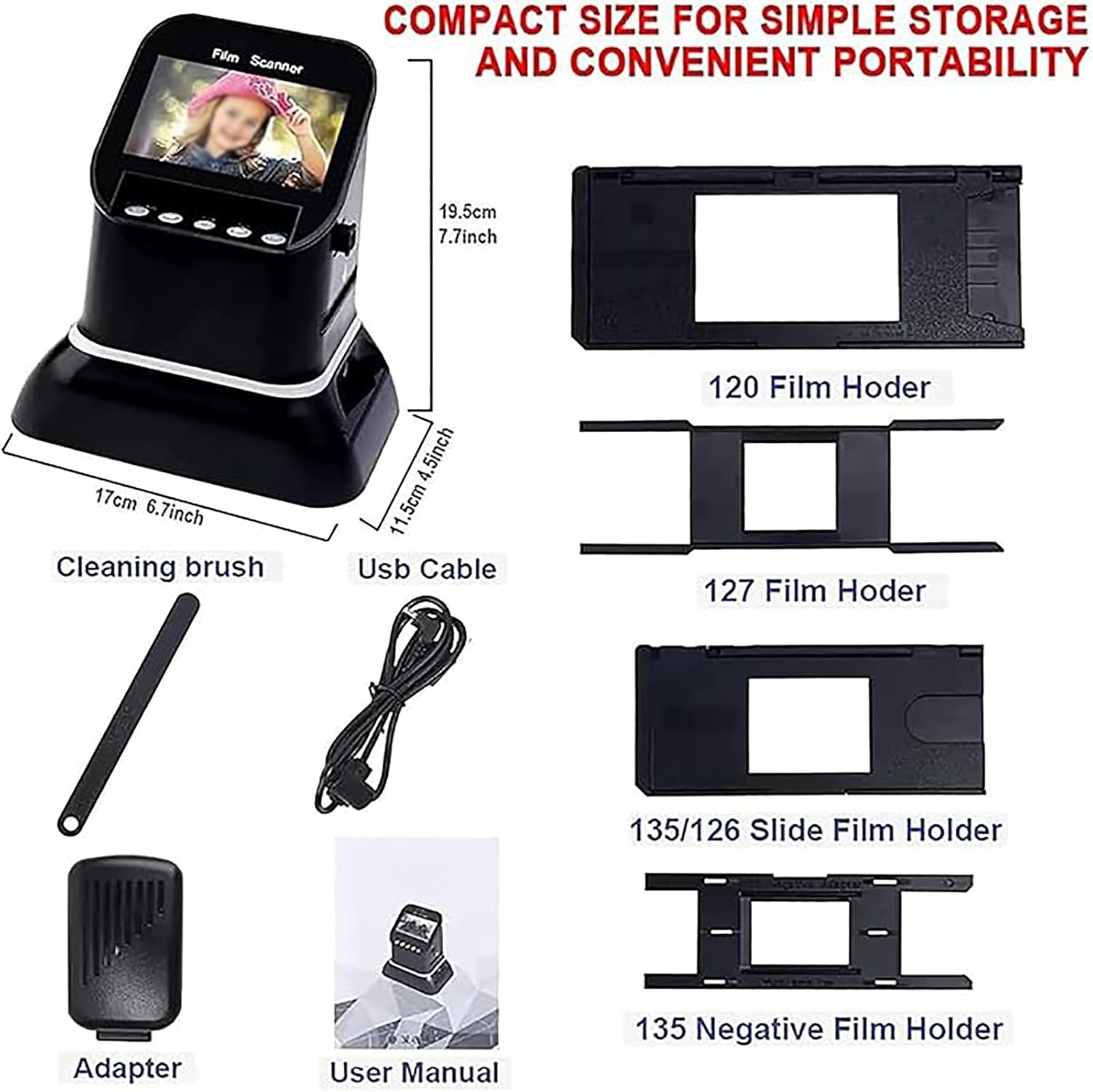 Digital Film Scanner, with 4.3'' LCD Screen, Converts 35mm, 135, 126, 127 Films/Slides/Negatives to JPEG Digital Photos, Supports Image Preview, Playback, and Editing Functions