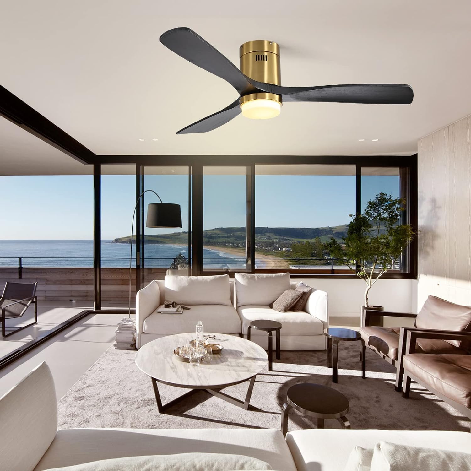 Sofucor 52 Inch Low Profile Ceiling Fan with Light, Solid Wood 3 Blades with Remote Outdoor Ceiling Fan with Light, Dimmable Light, 6-Speed, Timer, Reversible DC Motor for Living Room Bedroom