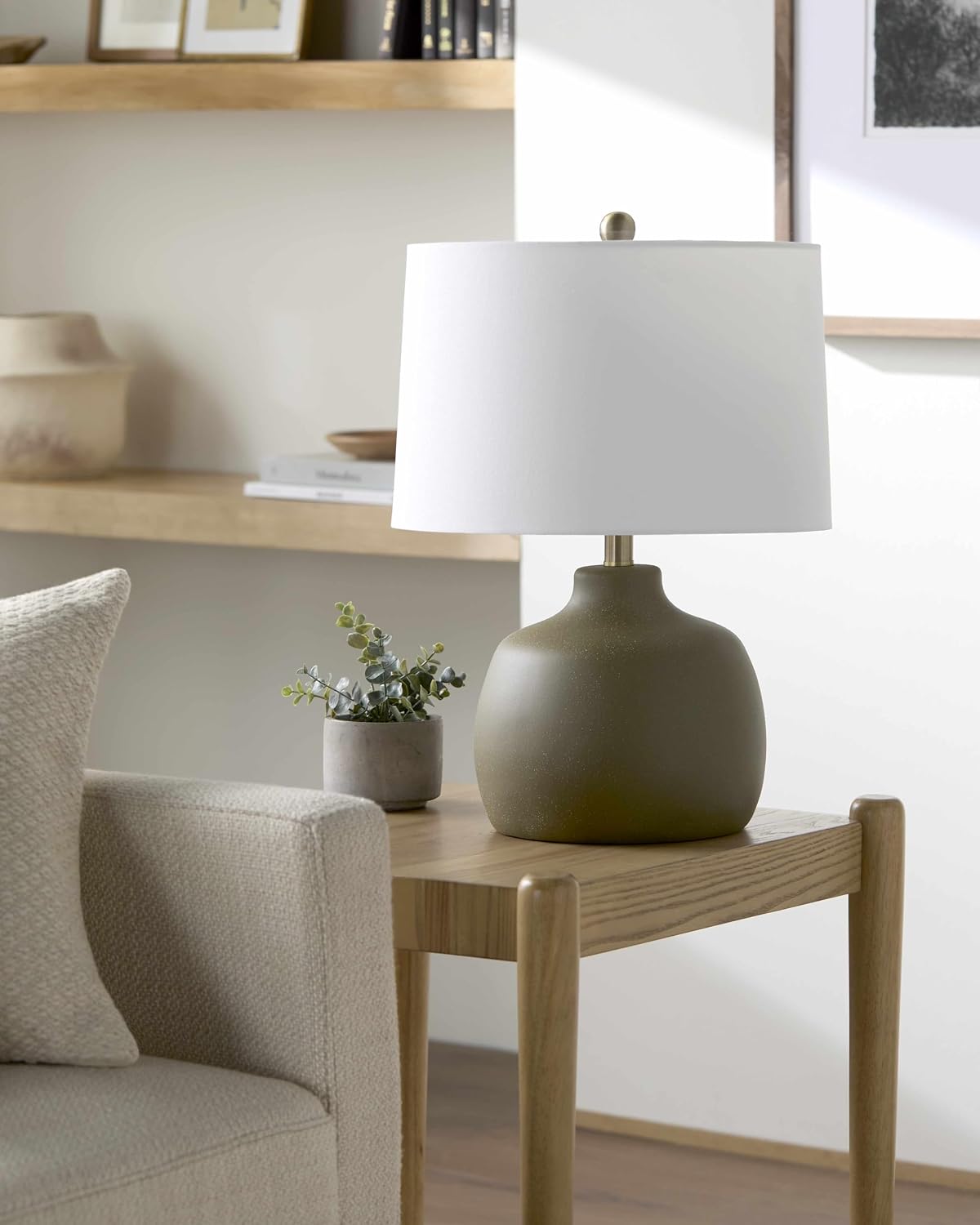 BoutiqueRugs Tribaldos Boho Bedside Table Lamp for Bedroom Nightstand - End Side Lighting for Living Room - Shade Linen - Green, Olive, White - 21' H