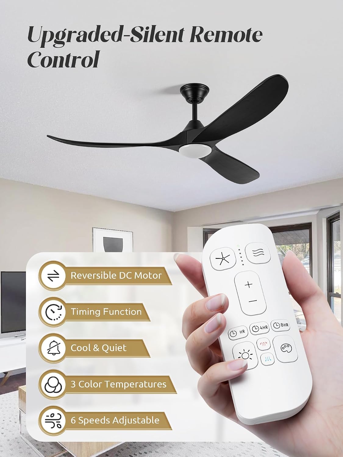 Black Modern Ceiling Fan with Light and Remote, 52 Inch 3 Blade Wood Propeller Ceiling Fan with Light Quiet Reversible Dc Motor, Indoor Outdoor Ceiling Fans for Patios Bedroom Farmhouse Gazebo