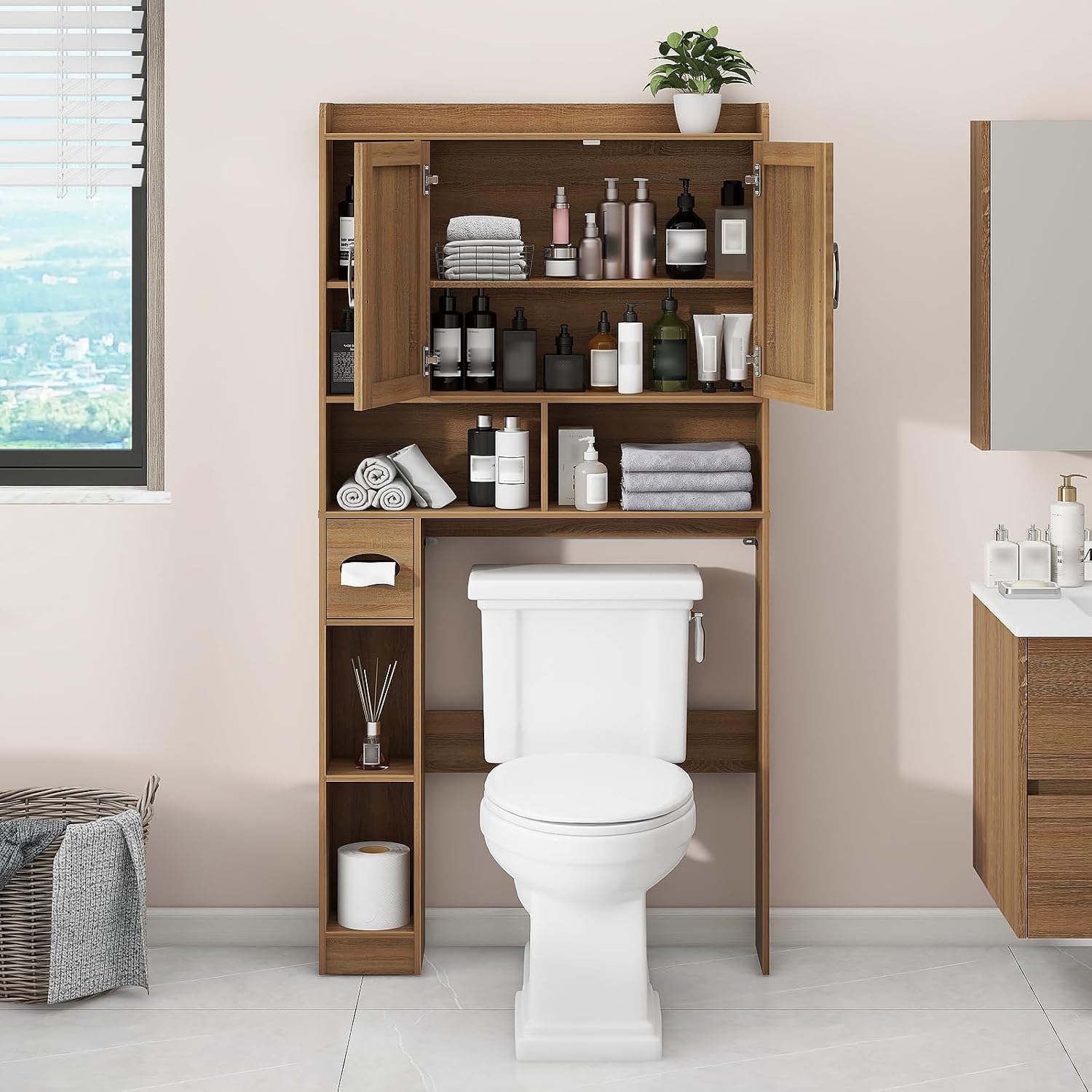 Farmhouse Rattan Storage Cabinet Over Toilet - 2 Door with Toilet Paper Holder - Space-Saving for Bathroom, Oak