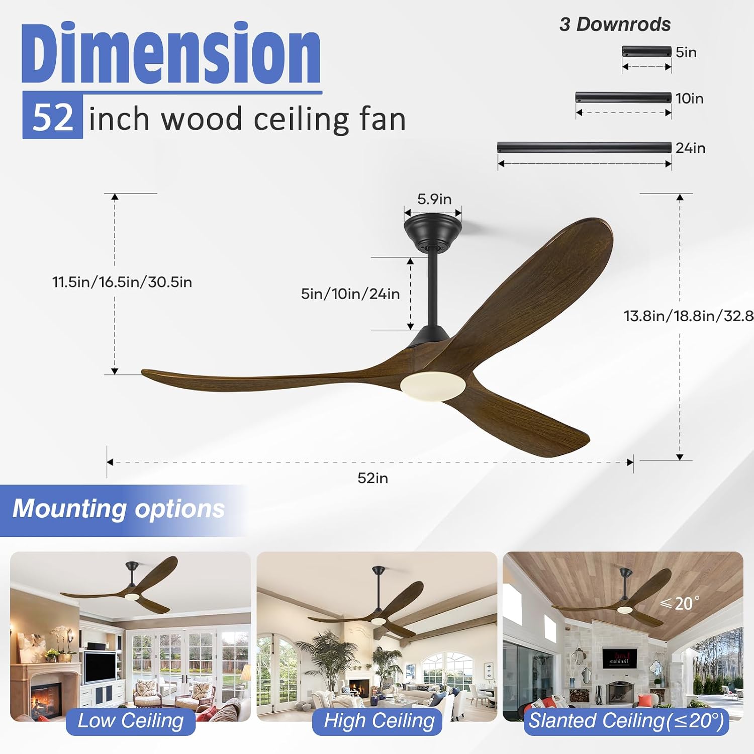 52 Inch Outdoor Ceiling Fan with Light, Smart Ceiling Fan with Alexa/Google Assistant/APP/Remote Control, High CFM Quiet 3 Blade Wood Walnut Fan, Damp Rated for Patios Bedroom Farmhouse Living Room