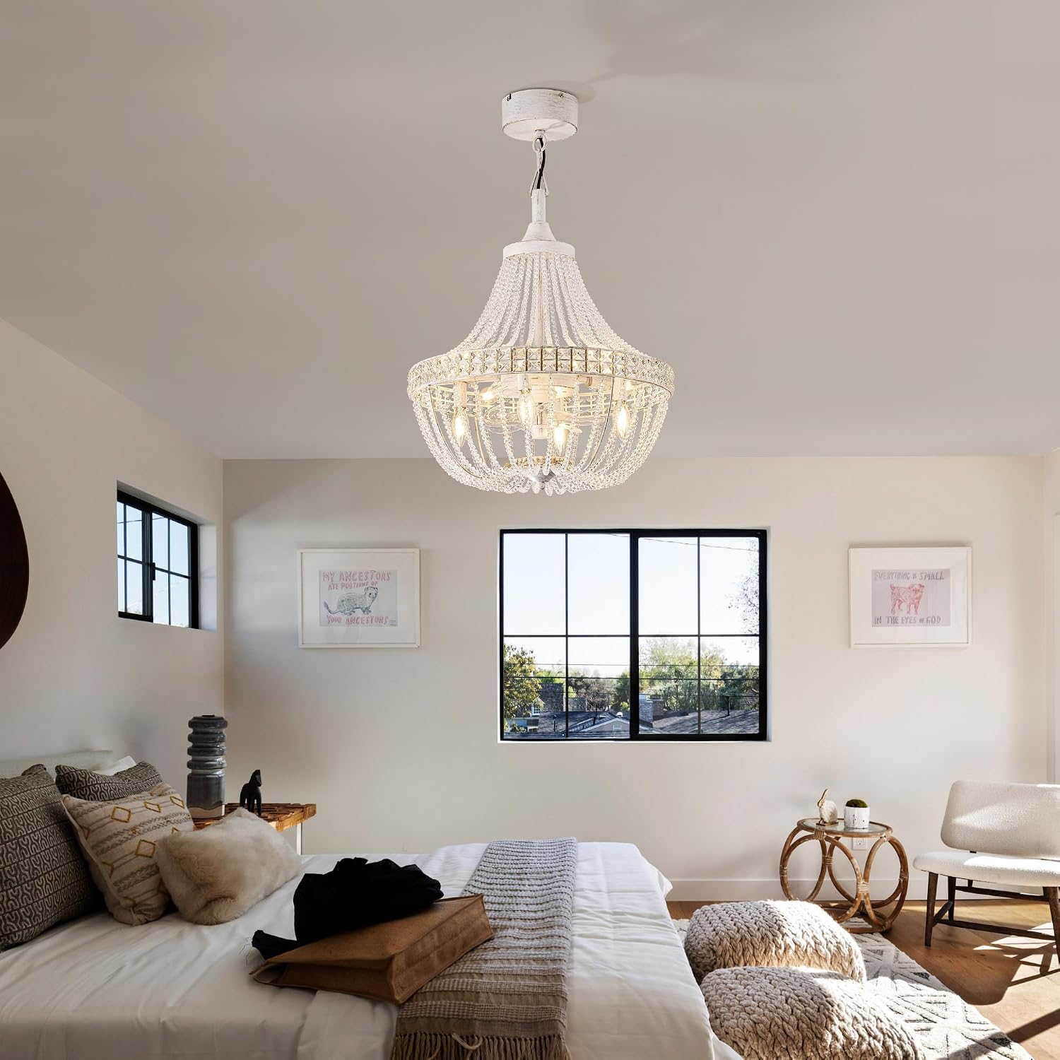 20' Modern Crystal Chandelier Ceiling Fan with Lights, Remote & App Control, 6 Speed, 8-Lights French Empire Fandelier, for Bedroom, Dining Room (Retro White)
