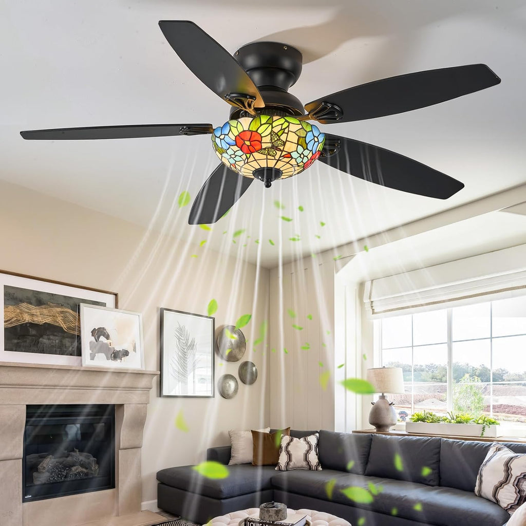 Tiffany Ceiling Fans with Lights - 52' Ceiling Fan Chandelier with 5 Dual-Blades and Glass Shade, 6 Speeds and Reversible, Indoor and Outdoor, Retro Style