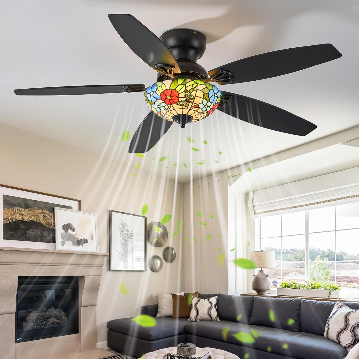 Tiffany Ceiling Fans with Lights - 52' Ceiling Fan Chandelier with 5 Dual-Blades and Glass Shade, 6 Speeds and Reversible, Indoor and Outdoor, Retro Style
