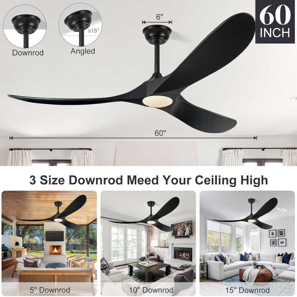 Eliora 60 Inch Ceiling Fans with Lights, Wood Outdoor Ceiling Fan for Patio and Remote Control Rustic Propeller Large Ceiling Fans with Light Farmhouse Indoor Quiet High cfm, Matte Black