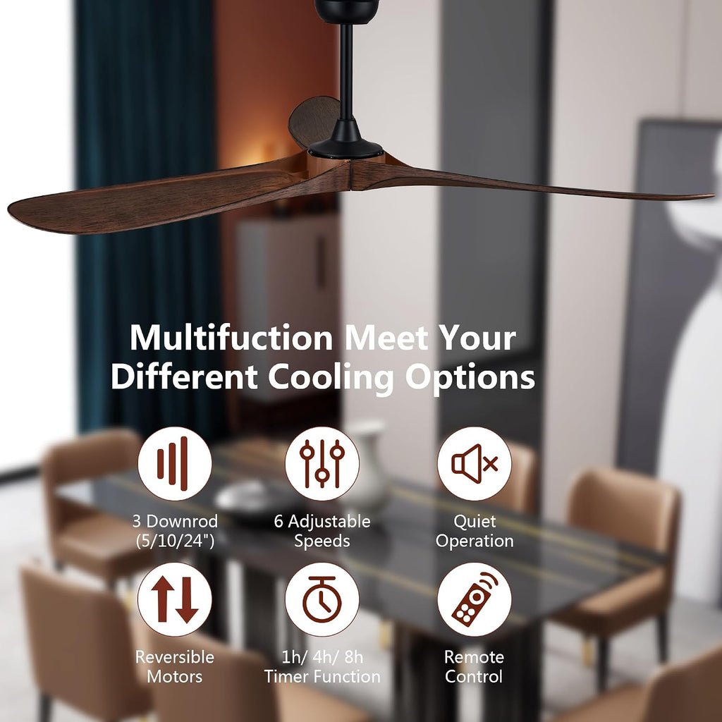 60'' Ceiling Fan with Remote Control, Modern Indoor/Outdoor Ceiling Fans,Quiet and Reversible DC Motor, 3 Plastic Dark Walnut Blades with Strong Wind for Living Room,Patio,Farmhouse,Bedroom
