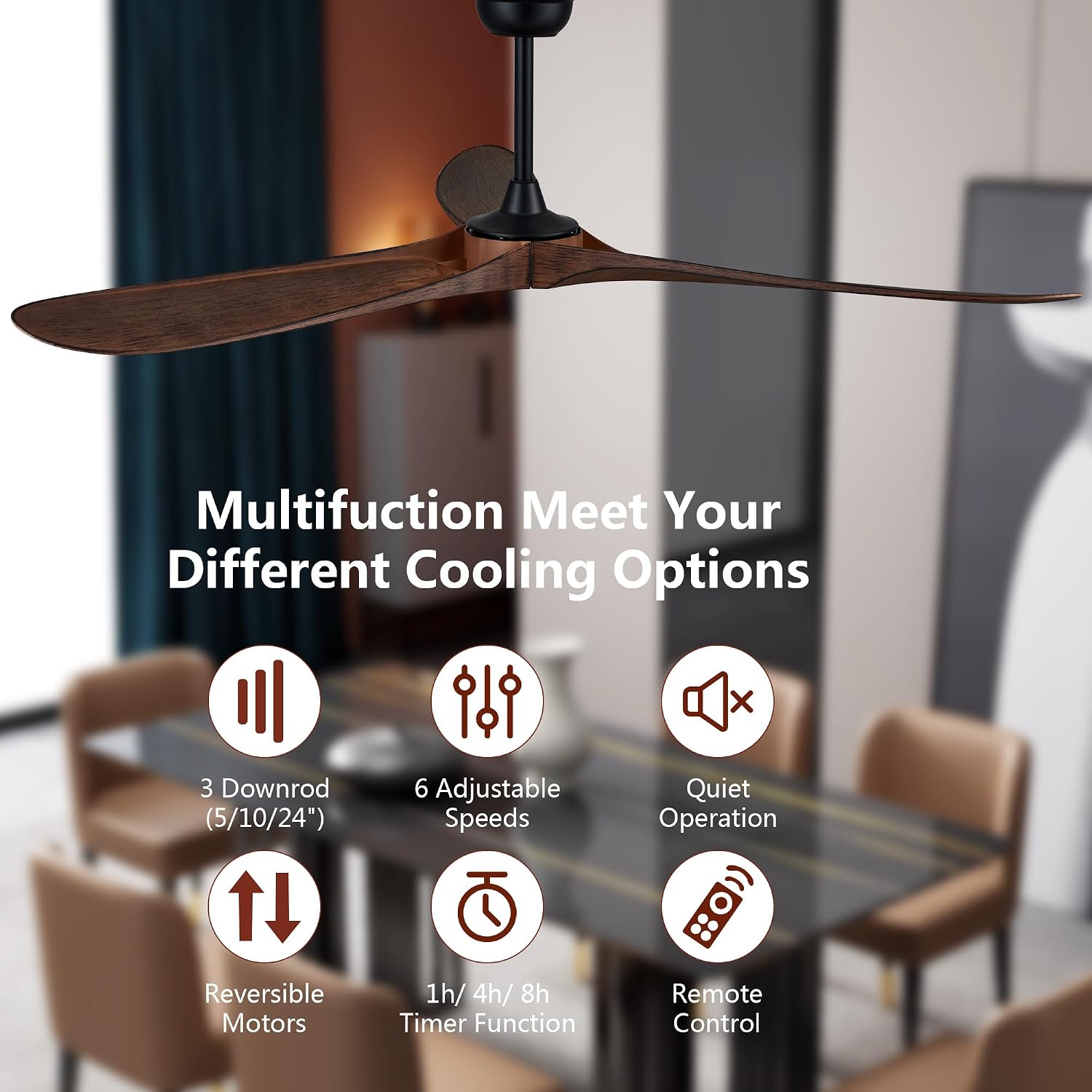 60'' Ceiling Fan with Remote Control, Modern Indoor/Outdoor Ceiling Fans,Quiet and Reversible DC Motor, 3 Plastic Dark Walnut Blades with Strong Wind for Living Room,Patio,Farmhouse,Bedroom