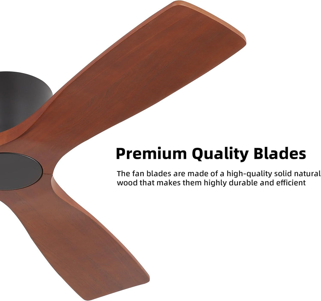 WINGBO 48 Inch Flush Mount DC Ceiling Fan without Lights, 3 Carved Wood Blades, 6-Speed Noiseless Reversible DC Motor, Hugger Ceiling Fan No Lights in Black Finish with Walnut Blades, ETL Listed