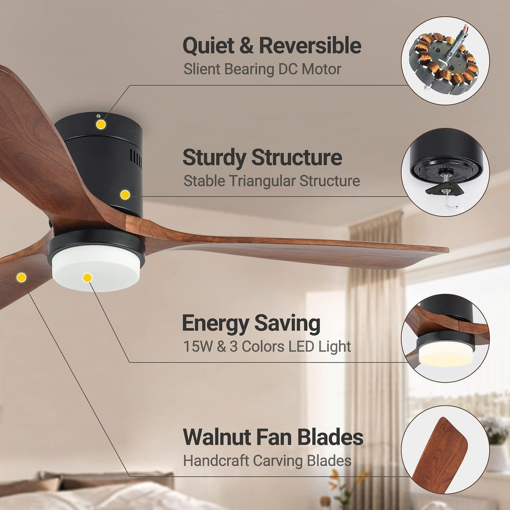 Ceiling Fans with Lights, 52' Wood Ceiling Fan with Remote Control, 3 Walnut Fan Blades Reversible Quiet DC Motor 6 Speeds Timing Farmhouse Ceiling Fan for Bedroom/Living Room/Study/Porch
