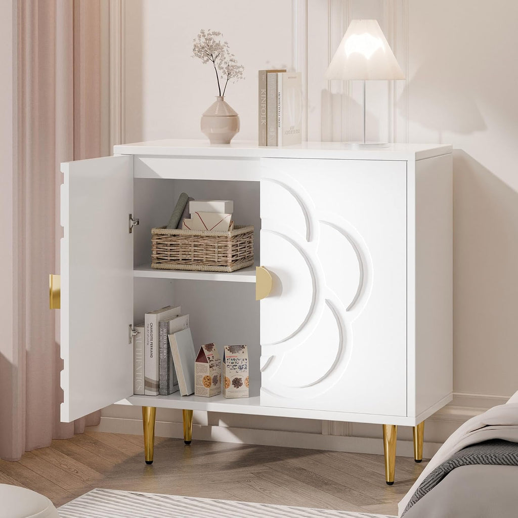 TOLEAD Storage Cabinet, Modern Cabinet with Decorative Flower Pattern Doors, Accent Sideboard Buffet Cabinet for Hallway, Living Room, Kitchen, White