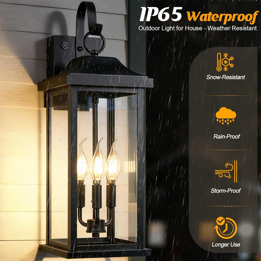 23 Inch GFCI Outlet Dusk to Dawn Outdoor Light for House, Photocell Exterior Lighting Fixture with Receptacles Extra Large Porch Light with Plug Matte Black Outdoor Wall Sconce Light Garage
